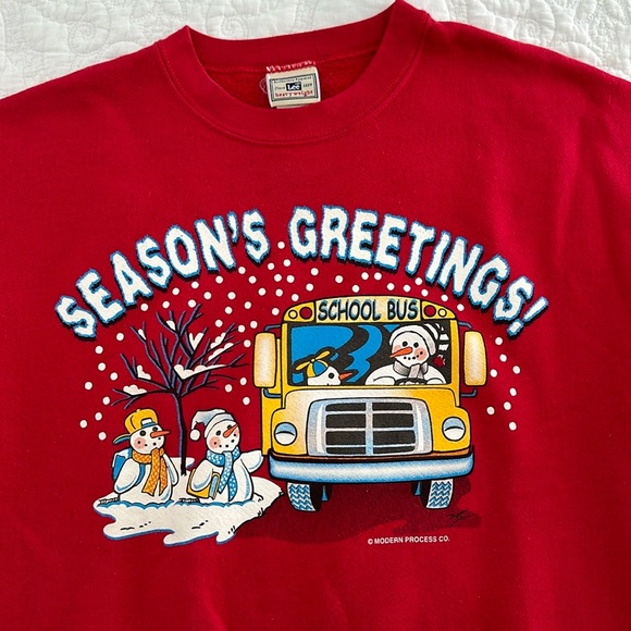 Vintage 90’s Christmas Crewneck Snowmen School Bus Size Large L Sweatshirt Lee - Picture 2 of 3